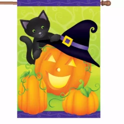 Accent Home & Garden 28 In. Halloween House Flag - Hello Halloween Cat And Pumpkin
