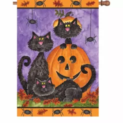 Accent Home & Garden 28 In. Halloween House Flag - Three Black Cats Accent